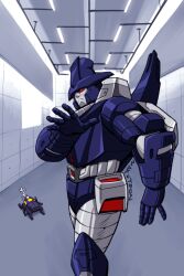 bombshell_(transformers) commentary deception english_commentary frown galvatron indoors jamiroquai looking_at_viewer makoto_ono mecha mecha_focus open_hand parody red_eyes robot transformers transformers:_generation_1 virtual_insanity_(song)