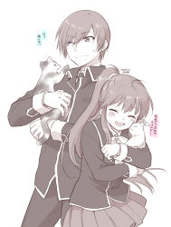 Rule 34 | 1boy, 1girl, brother and sister, cat, commentary request, cowboy shot, closed eyes, greyscale, highres, little busters!, long hair, misaki juri, monochrome, natsume kyousuke, natsume rin, one eye closed, pleated skirt, ponytail, school uniform, siblings, skirt, spot color