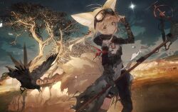 1girl absurdres animal_ears arknights axleaki blonde_hair fox_ears fox_girl fox_tail goggles goggles_on_head green_eyes highres holding holding_staff kitsune kyuubi long_hair lossy-lossless multiple_tails official_alternate_costume open_mouth solo staff suzuran_(arknights) suzuran_(lostlands_flowering)_(arknights) tail