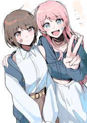 2girls bandaid bandaid_on_face bang_dream! bang_dream!_it&#039;s_mygo!!!!! blue_jacket blue_skirt brown_hair chihaya_anon closed_mouth collared_shirt commentary dress_shirt earrings fang grey_eyes grey_hair highres jacket jewelry misumi_suki multiple_girls navel necklace open_mouth pink_hair shirt simple_background skirt sleeveless sleeveless_shirt takamatsu_tomori teeth upper_teeth_only v white_background white_shirt