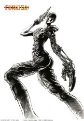 1girl absurdres amputee armor bald character_name english_text finger_on_trigger gun handgun hara_tetsuo highres imperator_furiosa looking_at_viewer mad_max mad_max:_fury_road mechanical_arms official_art pauldrons prosthesis revolver short_hair shoulder_armor single_mechanical_arm single_pauldron solo weapon