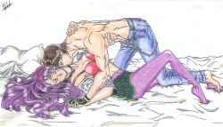 1boy 1girl asamiya_athena blue_jeans bra brown_hair couple helmondw kiss kissing_cheek kusanagi_kyou love_making neck_kissing nude psycho_soldier purple_hair school_uniform sex shirtless_female shirtless_male snk the_king_of_fighters underwear undressing