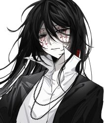 1boy commentary facepaint greyscale hair_between_eyes jacket long_bangs long_hair male_focus mole mole_under_eye monochrome open_clothes open_collar open_jacket pale_skin popped_collar qijilan simple_background solo spot_color symbol-only_commentary touqi_guaitan upper_body white_background ziche_fuzhao