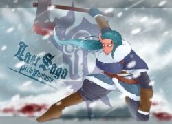 1girl aqua_hair axe battle_axe blood bloody_weapon blurry blurry_background boots bracer braid breasts clenched_hand coat copyright_logo copyright_name fighting_stance fur-trimmed_coat fur_trim gloves highres holding holding_axe horns knee_boots lalwa_the_red_demon large_breasts long_hair one_horn pants pixiv_fantasia pixiv_fantasia_last_saga snowing solo toushirou weapon