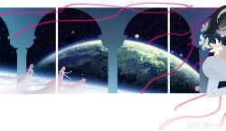 2girls absurdly_long_hair absurdres alien_stage chinese_commentary closed_eyes column commentary dress flower highres juan_xin_cai lily_(flower) long_dress long_hair medium_hair mizi_(alien_stage) multiple_girls on_ground pillar pink_dress pink_hair planet star_(sky) sua_(alien_stage) very_long_hair watermark weibo_watermark white_flower white_lily