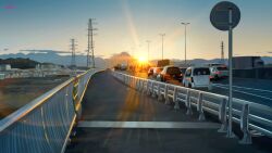 absurdres artist_name banishment box_truck car commentary_request divided_highway evening highres highway lamppost motor_vehicle multi-lane_road no_humans original outdoors road road_sign scenery semi_truck sign signature sunset traffic trailer transmission_tower truck