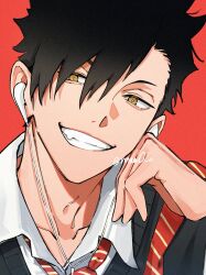 Rule 34 | 1boy, arm up, black sweater vest, brown eyes, collarbone, collared shirt, commentary, diagonal-striped clothes, diagonal-striped necktie, earbuds, earphones, film grain, grin, haikyuu!!, hair between eyes, head rest, highres, kuroo tetsurou, looking to the side, male focus, necktie, nnaa0 o, open collar, red background, red necktie, school uniform, shirt, sideways glance, simple background, smile, solo, striped clothes, striped necktie, sweater vest, teeth, twitter username, white shirt