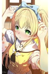 Rule 34 | 1girl, absurdres, artist name, ascot, black ascot, blonde hair, blue bow, blush, border, bow, cappu chino1204, commentary, cowboy shot, embarrassed, eyebrows hidden by hair, fingernails, green eyes, hair between eyes, hair bow, hair intakes, hair ornament, hands up, highres, indoors, long hair, looking at viewer, nose blush, open mouth, puffy short sleeves, puffy sleeves, ringed eyes, sailor collar, school uniform, serafuku, shirt, short sleeves, sidelocks, skirt, solo, straight hair, summer pockets, summer pockets school uniform, sweater vest, tsumugi wenders, twintails, very long hair, wavy mouth, white border, white sailor collar, white serafuku, white shirt, white skirt, x hair ornament, yellow sweater vest