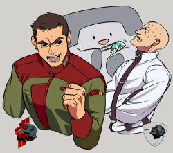 3boys :d armored_core armored_core_vi:_fires_of_rubicon arqueboy bald black_eyes black_hair chopsticks clenched_hand cropped_torso feeding g6_red green_jacket jacket logo male_focus mascot military_jacket multiple_boys open_mouth personification refus restrained short_hair shouting smile straitjacket sweat v.vii_swinburne worm