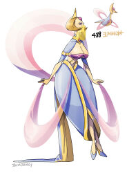 1girl arms_at_sides blue_footwear blue_skirt breasts brown_hair cresselia floating forehead_jewel full_body gen_4_pokemon highres large_breasts legendary_pokemon mouth_veil navel nintendo personification pokemon pokemon_(creature) purple_eyes reference_inset signature simple_background skirt tamtamdi translated veil