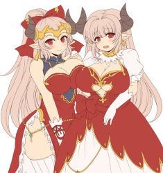 2girls afuro alicia_(granblue_fantasy) aliza_(granblue_fantasy) asymmetrical_docking bow breast_press breasts bridal_gauntlets center_opening cleavage cleavage_cutout clothing_cutout cross cross_earrings draph dress earrings elbow_gloves eyebrows forehead_protector gloves granblue_fantasy hair_bow headpiece horns jewelry large_breasts long_hair looking_at_viewer mother_and_daughter multiple_girls pointy_ears ponytail puffy_short_sleeves puffy_sleeves red_bow red_dress red_eyes ribbon short_sleeves silver_hair skindentation smile thighhighs very_long_hair white_gloves white_legwear wrist_cuffs zettai_ryouiki