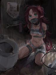 1girl a_tea absurdres ahoge arknights arms_behind_back bare_shoulders bdsm bikini bondage bound breast_bondage breasts collar condom cum cum_in_mouth cum_on_body cum_on_stomach cumdrip english_text frilled_bikini frills frogtie gag gagged green_eyes highres improvised_gag kneeling loli long_hair myrtle_(arknights) nipples red_hair restrained shibari shibari_over_clothes slave small_breasts solo spread_legs swimsuit tape tape_gag toilet twintails very_long_hair white_bikini