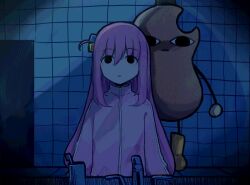 1girl arms_at_sides black_eyes bocchi_the_rock! boots character_request closed_mouth commentary cube_hair_ornament cup empty_eyes english_commentary full_body gotoh_hitori hair_between_eyes hair_ornament highres hito_(maruhito) indoors jacket knee_boots long_hair long_sleeves looking_at_viewer night no_pupils omori open_door pink_hair pink_jacket puffy_long_sleeves puffy_sleeves side_ahoge sidelocks sink straight-on straight_hair tile_wall tiles toothbrush track_jacket turtleneck turtleneck_jacket upper_body vignetting yellow_boots