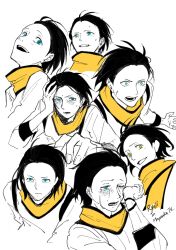 1boy aqua_eyes black_hair black_trim clenched_teeth closed_mouth commentary_request crying crying_with_eyes_open hair_down hair_slicked_back hand_on_own_head head_back highres korean_commentary looking_to_the_side male_focus mochizuki_ryouji mole mole_under_eye multiple_views one_eye_closed open_mouth otoko_haza outstretched_arm persona persona_3 scarf shirt short_sideburns sideways_glance sleeve_cuffs streaming_tears sweat tears teeth upper_teeth_only white_background white_shirt wide-eyed wiping_tears yellow_eyes yellow_scarf