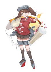 1girl absurdres black_socks brown_eyes brown_hair brown_skirt flat_chest full_body glowing highres japanese_clothes kantai_collection kariginu long_hair machinery magatama platform_shoes pleated_skirt red_shirt ryuujou_(kancolle) scroll shikigami shirt shishamo_(domado) simple_background skirt smile socks solo standing twintails visor_cap white_background