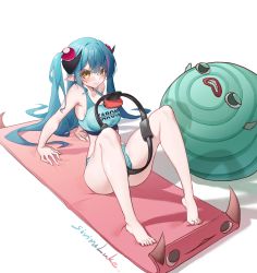 1girl artist_name blue_hair blue_panties blue_sports_bra breasts chinese_commentary collarbone hair_behind_ear highres karon_(vtuber) virtuareal_link long_hair medium_breasts multicolored_hair nijisanji panties pink_hair pointy_ears ring_fit_adventure sitting siviru_luke solo sports_bra streaked_hair striped_clothes striped_panties two_side_up underwear virtual_youtuber virtuareal yellow_eyes yoga_mat