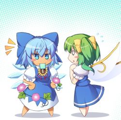 0_0 2girls :o barefoot blue_bow blue_dress blue_eyes blue_hair blue_skirt blue_vest blush_stickers bow chibi chima_q cirno commentary_request daiyousei dress fairy_wings flower flying_sweatdrops food from_side full_body hair_between_eyes hair_bow halftone halftone_background hands_on_own_hips hands_up ice ice_wings jitome leaf looking_at_another mouth_hold multiple_girls neck_ribbon one_side_up parted_lips pinafore_dress plant popsicle profile puffy_short_sleeves puffy_sleeves purple_flower red_ribbon ribbon shadow shirt short_hair short_sleeves skirt skirt_set sleeveless_dress smile standing sunflower tanned_cirno touhou vest vines white_background white_shirt wings yellow_bow