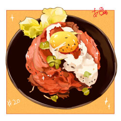 beef border bowl commentary_request egg_yolk food food_focus meat orange_background original takisou_sou white_border