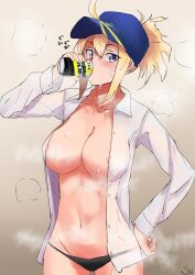 1girl absurdres ahoge areola_slip artoria_pendragon_(fate) baseball_cap black_panties blonde_hair blue_eyes blue_hat blush breasts can collared_shirt drink_can drinking fate/grand_order fate_(series) hat highres large_breasts long_hair long_sleeves looking_at_viewer mysterious_heroine_xx_(fate) navel open_clothes panties ponytail s4ika shirt sidelocks sweat underwear white_shirt
