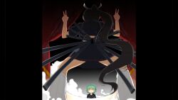 Rule 34 | 2girls, absurdres, black hair, black sailor collar, black shirt, black skirt, chibi, curtains, dark-skinned female, dark background, dark skin, double v, fog, from behind, game cg, green hair, hebijo academy school uniform, highres, hikage (senran kagura), homura (senran kagura), long hair, multiple girls, non-web source, official art, open mouth, pillarboxed, ponytail, sailor collar, school uniform, senran kagura, senran kagura burst, shirt, short hair, skirt, slit pupils, socks, squatting, sweatdrop, sword, tan, v, weapon, weapon on back, white socks, yaegashi nan, yellow eyes