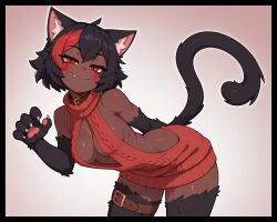 ai-assisted animal_ears animal_hands belt belt_collar bent_over black_fur black_hair breasts cat_ears cat_girl cat_tail claws cleavage cleavage_cutout clothing_cutout collar dark-skinned_female dark_skin fang half-closed_eyes looking_at_viewer medium_breasts meme_attire mira_(pixelkebab) monster_girl multicolored_hair muscular muscular_female nekomata paw_pose pawpads protokebab red_eyes red_hair short_hair slit_pupils smug tail thigh_belt thigh_strap toned toned_female virgin_killer_sweater