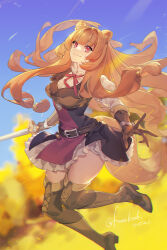 1girl 2021 animal_ear_fluff animal_ears autumn belt belt_buckle black_belt black_dress blue_sky blunt_bangs boots bow bowtie brown_boots brown_gloves brown_hair buckle closed_mouth collared_shirt commentary_request day dress eyelashes floating_hair frilled_dress frilled_shirt frills full_body gloves grey_belt hair_intakes hair_tubes happy high_collar highres holding holding_sword holding_weapon juliet_sleeves jumping krab_(fumekrab) lace-up_boots layered_dress light_particles long_hair long_sleeves low-tied_long_hair outdoors pink_bow pink_bowtie pink_eyes pointy_nose puffy_sleeves purple_dress raccoon_ears raccoon_girl raccoon_tail raphtalia red_bow red_bowtie shirt short_dress sky smile solo sword tail tate_no_yuusha_no_nariagari thigh_boots tree twitter_username weapon white_shirt wrist_belt