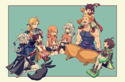 4girls 6+boys alisaie_leveilleur alphinaud_leveilleur blonde_hair brother_and_sister brothers brown_hair carbuncle_(final_fantasy) chelinka chibi dissidia_final_fantasy dissidia_final_fantasy_opera_omnia edgar_roni_figaro final_fantasy final_fantasy_crystal_chronicles final_fantasy_crystal_chronicles:_ring_of_fates final_fantasy_iv final_fantasy_vi final_fantasy_xiv highres ichi_(pixiv6373491) lann_(world_of_final_fantasy) multiple_boys multiple_girls muscular muscular_male palom pointy_ears porom reynn_(world_of_final_fantasy) sabin_rene_figaro seiza siblings silver_hair sitting sitting_on_lap sitting_on_person smile tank_top twins world_of_final_fantasy yuri_(ffcc)