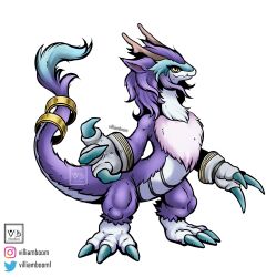 Rule 34 | body fur, commission, digimon, digimon (creature), dragon, dragon horns, dragon tail, dragonmaid nudyarl, highres, horns, laundry dragonmaid, solo, standing, tail, tail ornament, tail ring, villiam boom, yellow eyes, yu-gi-oh!