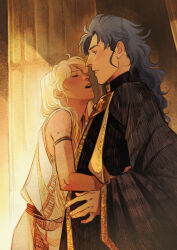 2boys alternate_costume ameliecausse androgynous armlet bindi black_robe blonde_hair blue_hair casual closed_eyes facial_mark facing_another forehead_mark gemini_saga highres hug indian_clothes indoors jewelry long_hair long_sleeves looking_at_another male_focus multiple_boys open_mouth parted_lips pillar robe saint_seiya u_u virgo_shaka wide_sleeves yaoi