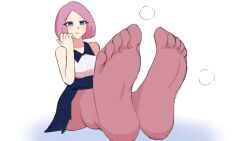 1girl blue_eyes blush feet highres looking_at_viewer medium_hair mutsu_platina pantyhose parted_lips pink_hair pink_pantyhose soles steam toes