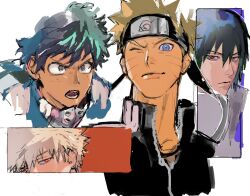 4boys bakugou_katsuki black_hair black_jacket blonde_hair blue_background blue_eyes boku_no_hero_academia closed_mouth facial_mark freckles furrowed_brow green_eyes hair_between_eyes headband highres jacket lllistn male_focus midoriya_izuku multiple_boys naruto_(series) one_eye_closed open_mouth popped_collar red_background red_eyes sharingan shimamura_uzuki short_hair sketch spiked_hair superhero_costume uchiha_sasuke upper_body whisker_markings white_background