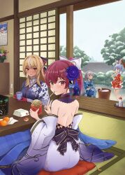 4girls absurdres alcohol animal_ear_fluff animal_ears architecture backless_kimono backless_outfit blonde_hair blue_hair blue_kimono blush bottle bow braid braided_bun brand_name_imitation breasts calendar_(object) checkered_clothes closed_mouth commentary cup cushion dark-skinned_female dark_skin detached_sleeves east_asian_architecture eating electrical_outlet elfriend_(shiranui_flare) fandead_(uruha_rushia) floral_print flower food food_in_mouth french_braid french_fries fruit gloves grey_hair hair_bow hair_bun hair_flower hair_intakes hair_ornament heterochromia highres holding holding_cup hololive houshou_marine houshou_marine_(new_year) ichimi_(houshou_marine) japanese_clothes kadomatsu kimono kine kneeling kotatsu light_blue_hair long_hair looking_at_viewer looking_back mallet mandarin_orange mcdonald&#039;s medium_breasts medium_hair mochitsuki mouth_hold mt_mozuku multicolored_hair multiple_girls new_year obi obiage official_alternate_costume open_mouth pekomon_(usada_pekora) pointy_ears ponytail pop_(shirogane_noel) purple_kimono rabbit_ears red_eyes red_gloves red_hair red_kimono sash shiranui_flare shiranui_flare_(new_year) shirogane_noel shirogane_noel_(new_year) short_hair short_kimono sitting sliding_doors smile squatting standing streaked_hair table tatami teacup thick_eyebrows tray tree two-tone_hair umeshu usada_pekora usada_pekora_(new_year) virtual_youtuber white_bow white_hair wide_sleeves yellow_eyes