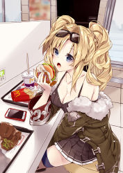 1girl 218 bare_shoulders black_skirt blonde_hair blue_eyes blush braid breasts burger cellphone cleavage collarbone eating eyewear_on_head female_focus food fur-trimmed_jacket fur_trim granblue_fantasy green_jacket hair_intakes holding holding_food indoors jacket long_hair mcdonald&#039;s medium_breasts off_shoulder open_mouth phone pleated_skirt skirt smartphone solo sunglasses thighhighs tray twintails zeta_(dark)_(granblue_fantasy) zeta_(granblue_fantasy)