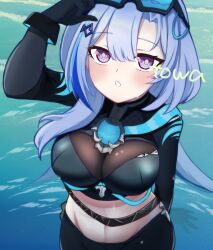1girl :o absurdres artist_name black_gloves black_pants blue_hair breasts commentary_request crop_top diving_suit gloves goggles goggles_on_head griseo griseo_(cosmic_expression) griseo_(star-speckled_blue) highres honkai_(series) honkai_impact_3rd large_breasts long_hair midriff navel ocean official_alternate_costume pants purple_eyes satoyukitowa see-through_cleavage see-through_clothes solo