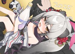 1boy 1girl 2025 ahoge alcohol animal_ears aotan_(aorin114) blue_archive blush bottle breasts brown_eyes downblouse drunk fang formal_clothes from_above gradient_background grey_hair hair_ornament halo highres holding holding_bottle japanese_clothes kimono lapels legs loli long_hair michiru_(blue_archive) new_year nipples nose_blush open_mouth print_kimono purple_scarf sake sake_bottle scarf sensei_(blue_archive) shuriken_print sitting sitting_on_lap sitting_on_person small_breasts squeans suit sweat unworn_footwear yellow_background