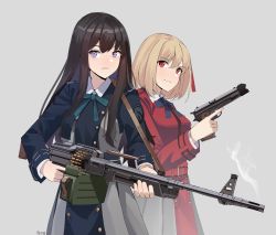 2girls absurdres black_dress black_hair blonde_hair breasts closed_mouth dress gar32 grey_background grey_dress gun hair_between_eyes handgun highres holding holding_gun holding_weapon inoue_takina light_smile long_hair long_sleeves lycoris_recoil m1911 machine_gun medium_breasts multiple_girls nishikigi_chisato pkm pleated_dress purple_eyes red_dress red_eyes simple_background smoke smoking_barrel two-tone_dress very_long_hair weapon
