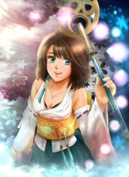 00s 1girl blue_eyes brown_hair female_focus final_fantasy final_fantasy_x green_eyes heterochromia japanese_clothes jewelry kimono necklace obi sash short_hair smile solo wand yuna yuna_(ff10) yura_yura_yura