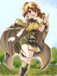 Rule 34 | 1girl, absurdres, armor, boots, breastplate, brown cape, brown eyes, brown hair, cape, commentary request, delthea (fire emblem), fang, fire emblem, fire emblem echoes: shadows of valentia, highres, index finger raised, long hair, looking at viewer, muneate, nintendo, solo, standing, standing on one leg, studio sugimoto