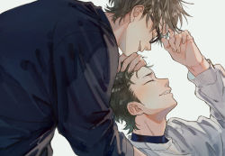 2boys ace_of_diamond black_shirt brown_hair closed_eyes dark_green_hair hand_on_another&#039;s_head hand_up highres kuramochi_youichi male_focus miyuki_kazuya multiple_boys shirt short_hair sideburns smile taichi01 teeth upper_body white_shirt yaoi
