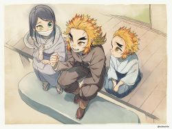 3boys aged_down animal animal_around_neck bandages black_hair black_legwear blonde_hair border brothers child clenched_hand colored_tips covered_mouth dalc_rose demon_slayer_uniform flame_print flipped_hair forked_eyebrows from_above green_eyes hair_between_eyes hair_slicked_back hakama hand_up heterochromia highres iguro_obanai japanese_clothes kaburamaru kimetsu_no_yaiba long_hair long_sleeves looking_at_another looking_to_the_side male_focus multicolored_eyes multicolored_hair multiple_boys open_mouth own_hands_together pants porch red_eyes red_hair rengoku_kyoujurou rengoku_senjurou sandals seiza shin_guards short_hair siblings sidelocks sideways_glance sitting smile snake streaked_hair tabi talking twitter_username veranda white_border white_snake yellow_eyes zouri