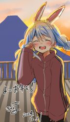 1girl :d ^_^ animal_ear_fluff animal_ears black_pants blue_hair blush braid brown_jacket closed_eyes cloud commentary_request facing_viewer hair_between_eyes hand_up highres hololive jacket kiritoma long_hair long_sleeves mountain multicolored_hair open_mouth outdoors pants puffy_long_sleeves puffy_sleeves rabbit_ears railing short_eyebrows sky sleeves_past_wrists smile solo standing sunrise thick_eyebrows track_jacket translation_request twin_braids twintails two-tone_hair usada_pekora very_long_hair white_hair