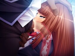00s 1girl ahegao aoi_nagisa_(metalder) blue_eyes brown_hair censored cum cum_in_mouth cum_in_throat deepthroat eyelashes fellatio gloves gokkun half-closed_eyes hand_on_head hime_cut koukawa_asuka lilith-soft oral penis swallowing sweat taimanin_(series) taimanin_asagi taimanin_asagi_3