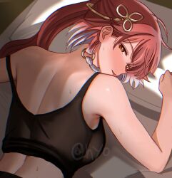 1girl artist_name back bare_shoulders blush breasts changli_(wuthering_waves) from_behind hair_extensions hair_ornament hyohls2_(hamao3o) large_breasts long_hair looking_at_viewer lying median_furrow missing_commentary multicolored_hair on_stomach orange_eyes pink_hair ring_hair_extensions shoulder_blades smile solo sweat two-tone_hair upper_body white_hair wuthering_waves