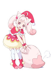 1girl :d ahoge animal_ears boots bow bracelet brooch capelet collared_capelet delicious_party_precure fox_ears fox_girl fox_tail full_body hair_bow hair_intakes hair_ornament hat heart heart_brooch highres holding holding_sack jewelry kome-kome kome-kome_(human) long_hair looking_at_viewer open_mouth pink_boots pink_bow pink_capelet pink_eyes pink_hair pink_hat pink_skirt pom_pom_(clothes) pom_pom_hair_ornament precure sack santa_costume santa_hat simple_background skirt smile solo standing tail teeth thighhighs twintails two-tone_skirt upper_teeth_only white_background white_thighhighs yakizakana10967 yellow_skirt