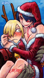 00s 1boy 1girl adiane bell blue_hair blush breasts carrying christmas cleavage couple eyepatch hat hetero long_hair piote red_eyes santa_costume santa_hat tattoo tengen_toppa_gurren_lagann viral_(ttgl)
