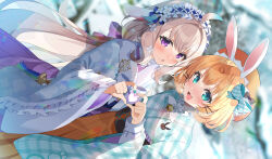 Rule 34 | 2girls, :d, ahoge, animal ears, beret, blonde hair, blue bow, blue nails, blurry, blurry background, blurry foreground, blush, bow, brown hair, chinese zodiac, commentary, depth of field, dutch angle, english commentary, enna alouette, floppy ears, green eyes, hair ornament, hairclip, hakama, hakama skirt, hat, heart, heart hands, heart hands duo, highres, japanese clothes, kimono, kurot, long hair, long sleeves, millie parfait, multiple girls, nail polish, nijisanji, nijisanji en, open mouth, orange hakama, parted lips, plaid bow, plaid clothes, plaid kimono, puffy long sleeves, puffy sleeves, purple eyes, purple kimono, rabbit ears, skirt, smile, very long hair, virtual youtuber, wide sleeves, year of the rabbit, yellow headwear