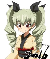 1girl 2016 anchovy_(girls_und_panzer) artist_name cro dated drill_hair girls_und_panzer green_hair hair_ribbon japanese_clothes kimono looking_at_viewer obi red_eyes ribbon sash solo twintails white_background yukata