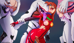 3girls anus ass ayanami_rei blue_eyes bodysuit breasts grabbing_another&#039;s_arm highres hirume licking long_hair makinami_mari_illustrious mass_production_eva medium_breasts multiple_girls neon_genesis_evangelion nipples one_eye_closed orange_hair penis pink_bodysuit rape rebuild_of_evangelion red_bodysuit souryuu_asuka_langley suspended_congress tongue tongue_out torn_bodysuit torn_clothes uncensored white_bodysuit