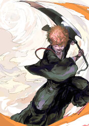 1boy absurdres black_hakama black_kimono bleach hair_between_eyes hakama highres holding holding_sword holding_weapon japanese_clothes kimono kurosaki_ichigo lower_teeth_only male_focus monte_tako open_mouth orange_eyes orange_hair shihakusho short_hair solo spiked_hair sword teeth weapon zangetsu_(shikai) zanpakutou