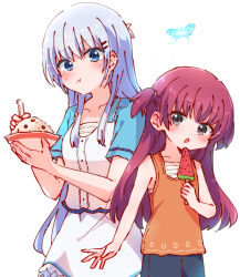 2girls :o :t absurdres black_shorts blue_butterfly blue_eyes blue_sleeves blush bowl bug butterfly child closed_mouth commentary cowboy_shot dress eyes_visible_through_hair food frilled_dress frills grey_eyes hair_between_eyes hair_ornament hairclip hands_up height_difference highres holding holding_bowl holding_food holding_popsicle insect katou_umi long_hair looking_at_viewer mixed-language_commentary multiple_girls naruse_shiroha nyaa_(nnekoron) open_mouth orange_shirt outstretched_hand parallel_hairclips pink_hair popsicle pout ringed_eyes shirt short_sleeves shorts sidelocks simple_background sleeveless sleeveless_shirt summer_pockets two_side_up very_long_hair watermelon_bar white_background white_dress white_hair
